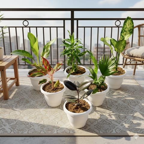 Air Purifying Balcony Special Set of 6 - Aglaonema Silver Queen, Dracaena Green, Dieffenbachia, Aglaonema Lipstick, China / Fan Palm & Rubber Plant in 8 Inch Classy White Plastic Pot