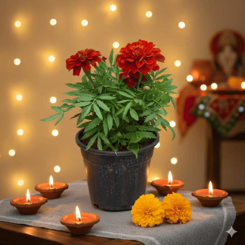 Festive Bloom - Marigold / Genda Red in 4 Inch Nursery Pot