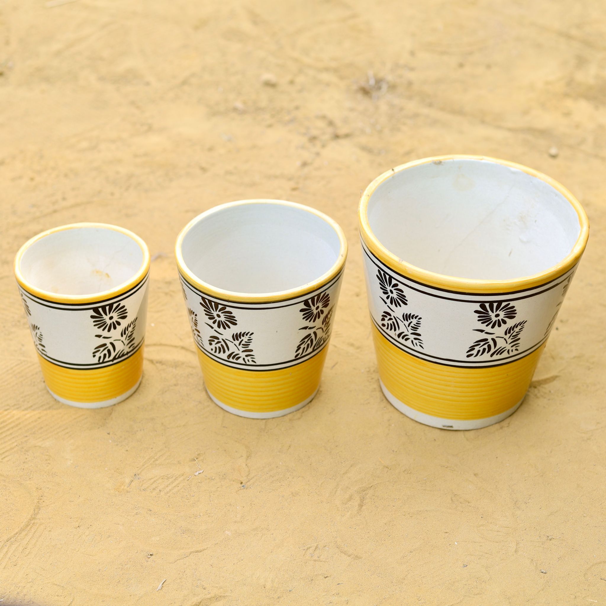 Set of 3 - (5.25, 6 & 7) Inch Yellow Black Flower Designer Balti Shaped Ceramic Pot