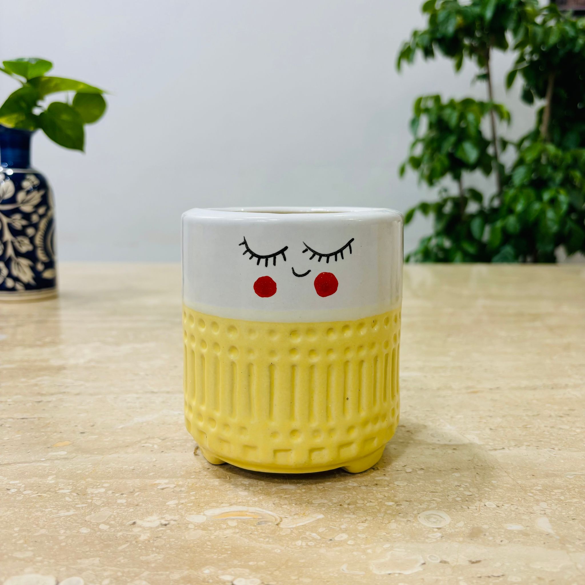 4 Inch Yellow Cute Designer Smiley Faces Aesthetic Ceramic Pot - Minimalist Glossy Succulent Pot, Indoor Flower Pot for Home and Office D cor
