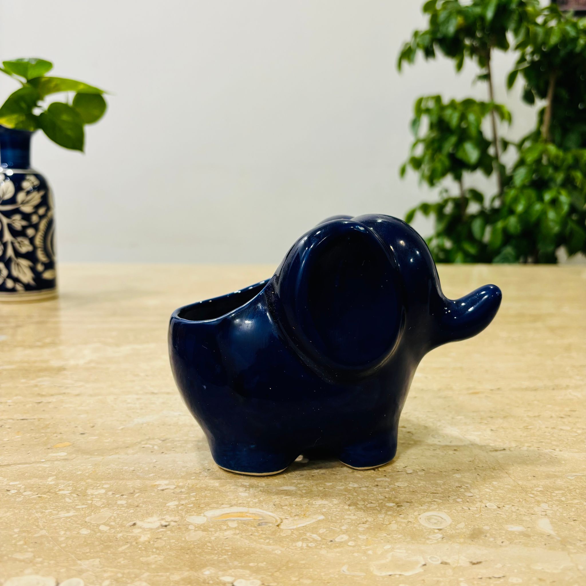 4 Inch Cute Designer Blue Textured elephant Shaped Ceramic Pot - Minimalist Glossy Succulent Pot, Indoor Flower Pot for Home and Office D cor