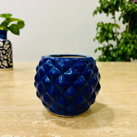 4 Inch Classy Dark Blue Pineapple Textured Ceramic Pot - Minimalist Glossy Succulent Pot