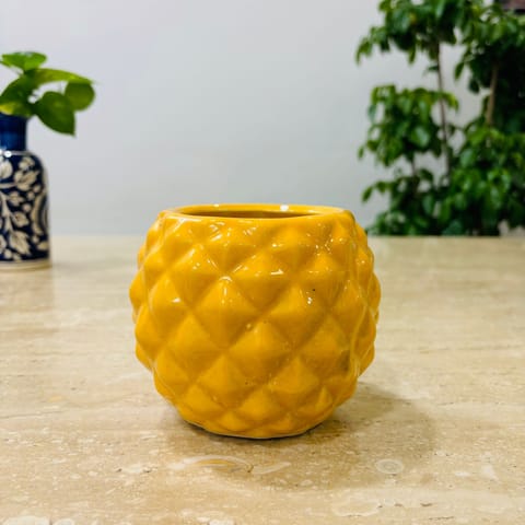 4 Inch Classy Yellow Pineapple Textured Ceramic Pot - Minimalist Glossy Succulent Pot