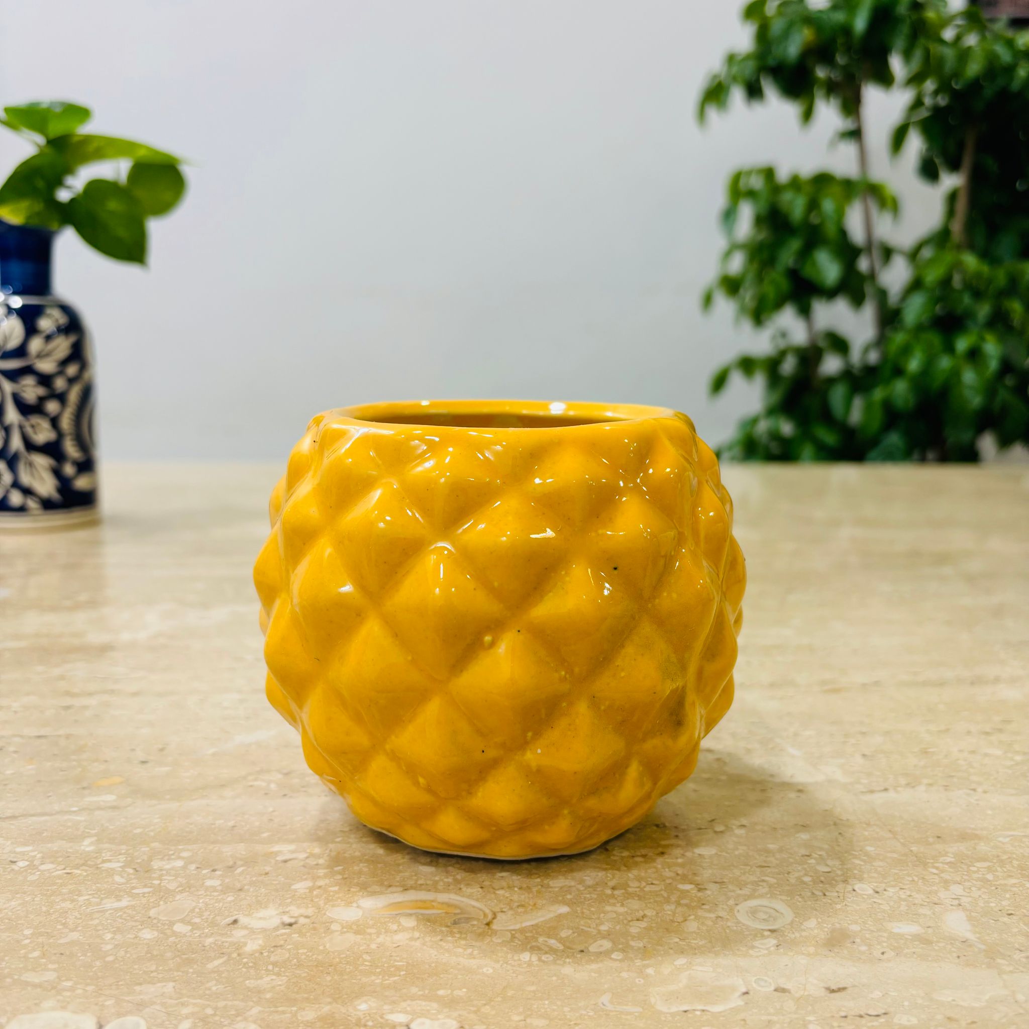 4 Inch Classy Yellow Pineapple Textured Ceramic Pot - Minimalist Glossy Succulent Pot