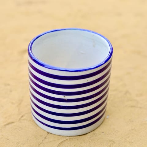 4 Inch Blue White Stripes Textured Cylindrical Ceramic Pot - Minimalist Glossy Succulent Pot