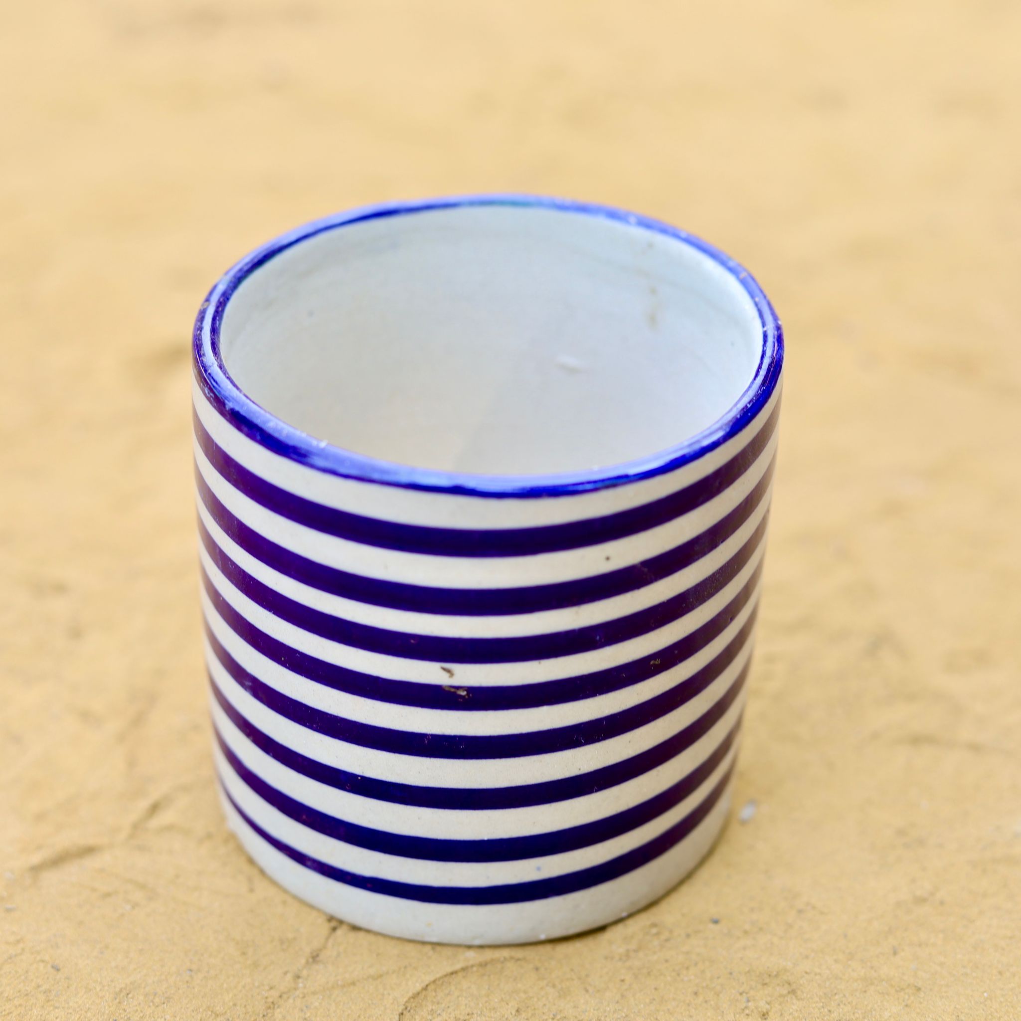 4 Inch Blue White Stripes Textured Cylindrical Ceramic Pot - Minimalist Glossy Succulent Pot