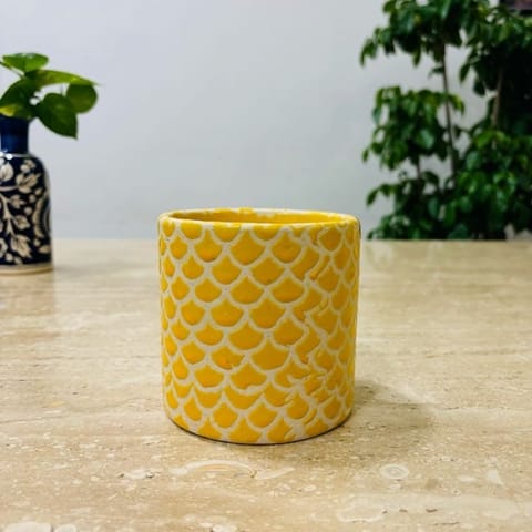 4 Inch Yellow Fish scale Textured Cylindrical Ceramic Pot - Minimalist Glossy Succulent Pot