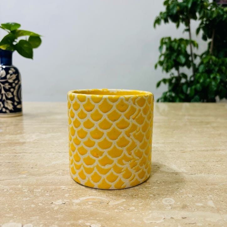4 Inch Yellow Fish scale Textured Cylindrical Ceramic Pot - Minimalist Glossy Succulent Pot