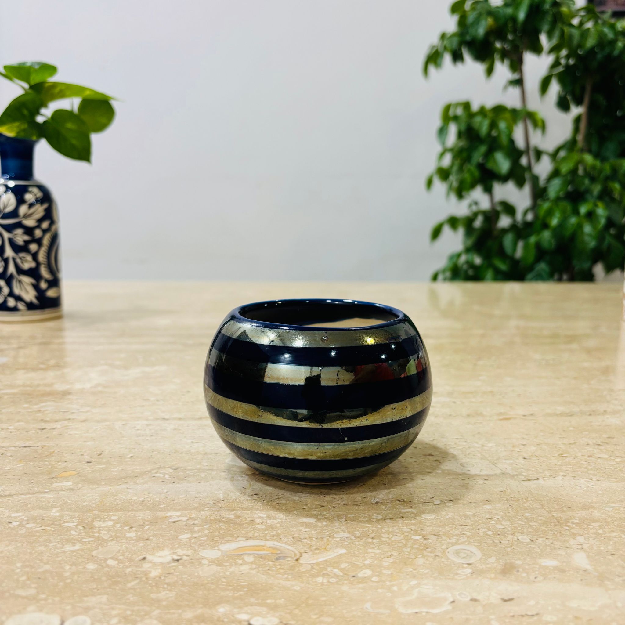 3.5 Inch Dark Blue Round Handcrafted Stripes Ceramic Pot- Gloss Finish Indoor Plant Pot
