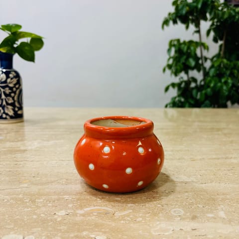 3 Inch Orange Mini Handmade Matki Ceramic Pot - Minimalist Glossy Succulent Pot