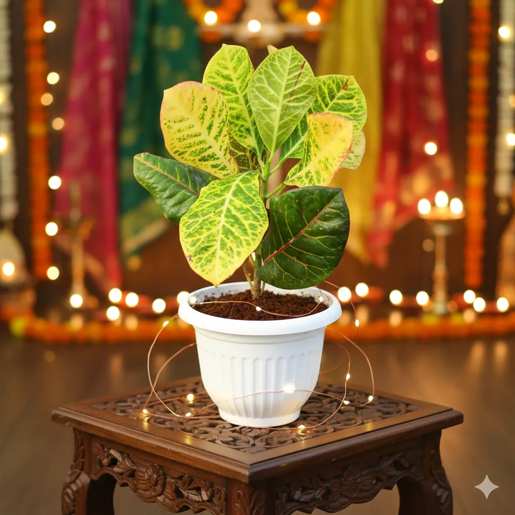 Croton Petra in 8 Inch White Olive Plastic Pot