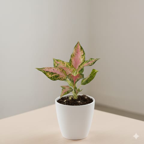 Aglaonema Pink Dalmatian in 4 Inch Classy White Cup Ceramic Pot