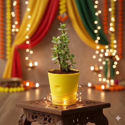 Gift Ready - Jade Plant in 4 Inch Yellow Florence Self Watering Pot Wrapped in Lovely Gift Bag For Your Loved Ones