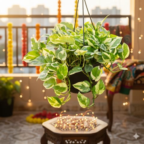 Money Plant N'joy in 8 Inch Black Hanging Basket