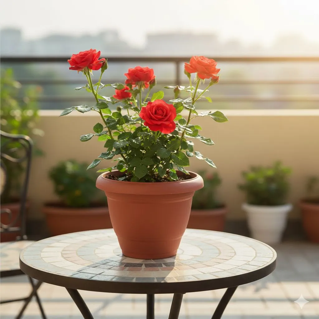 Rose Red in 8 Inch Terracotta Red Classy Plastic Pot