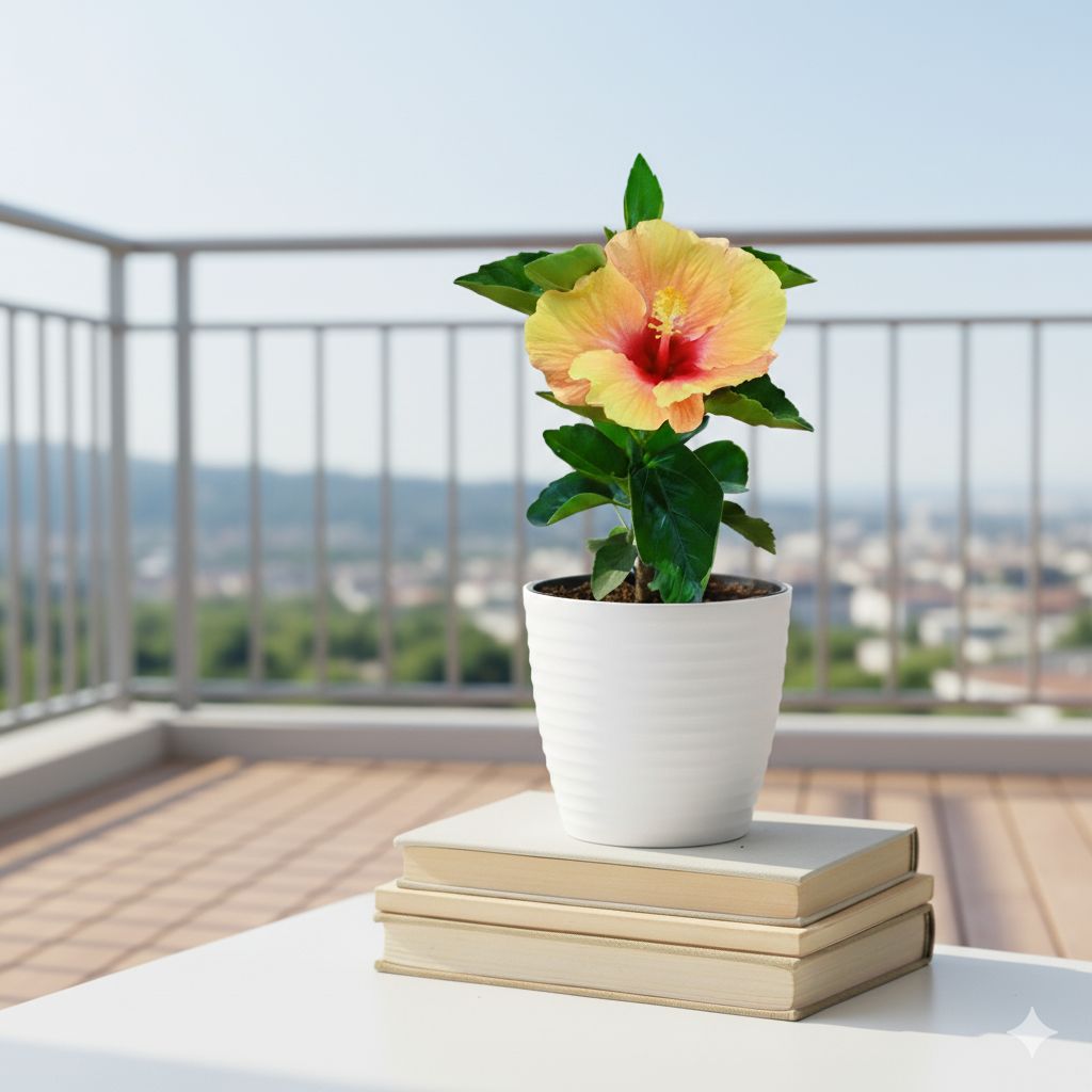 Hibiscus / Gudhal Dwarf (any colour) in 5 Inch White Avora Premium Plastic Planter