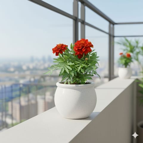 Marigold Red in 5 Inch Classy White Matki Ceramic Pot
