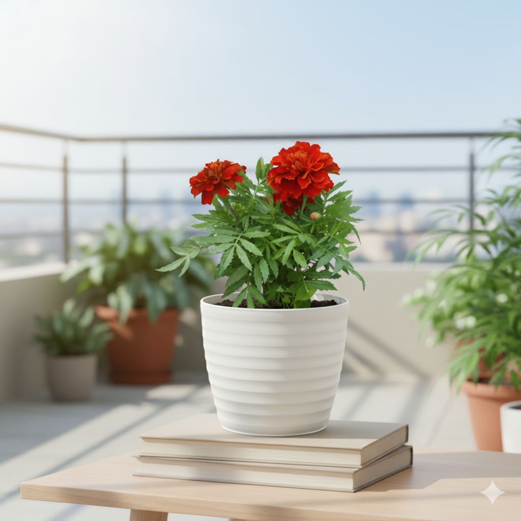 Marigold Red in 5 Inch White Avora Premium Plastic Planter