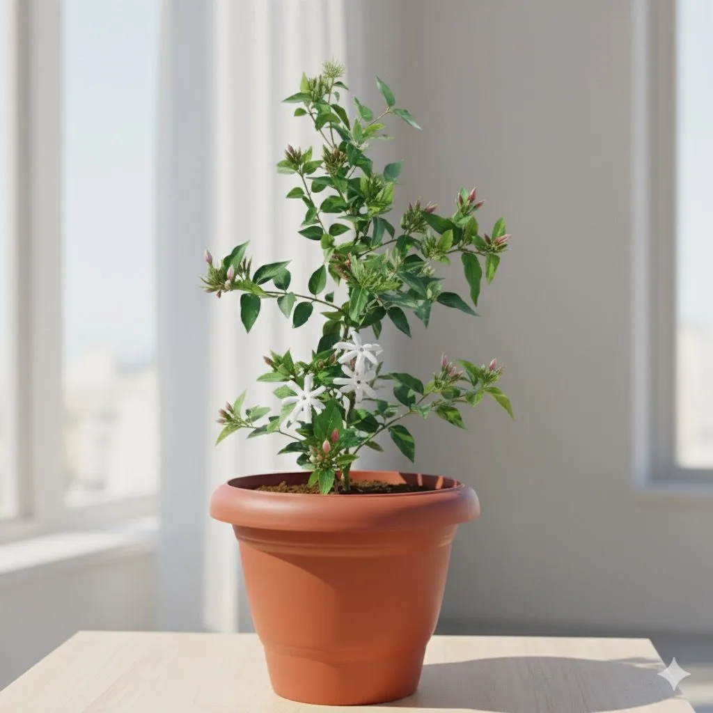 Mogra / Jasmine (any colour) in 8 Inch Terracotta Red Classy Plastic Pot