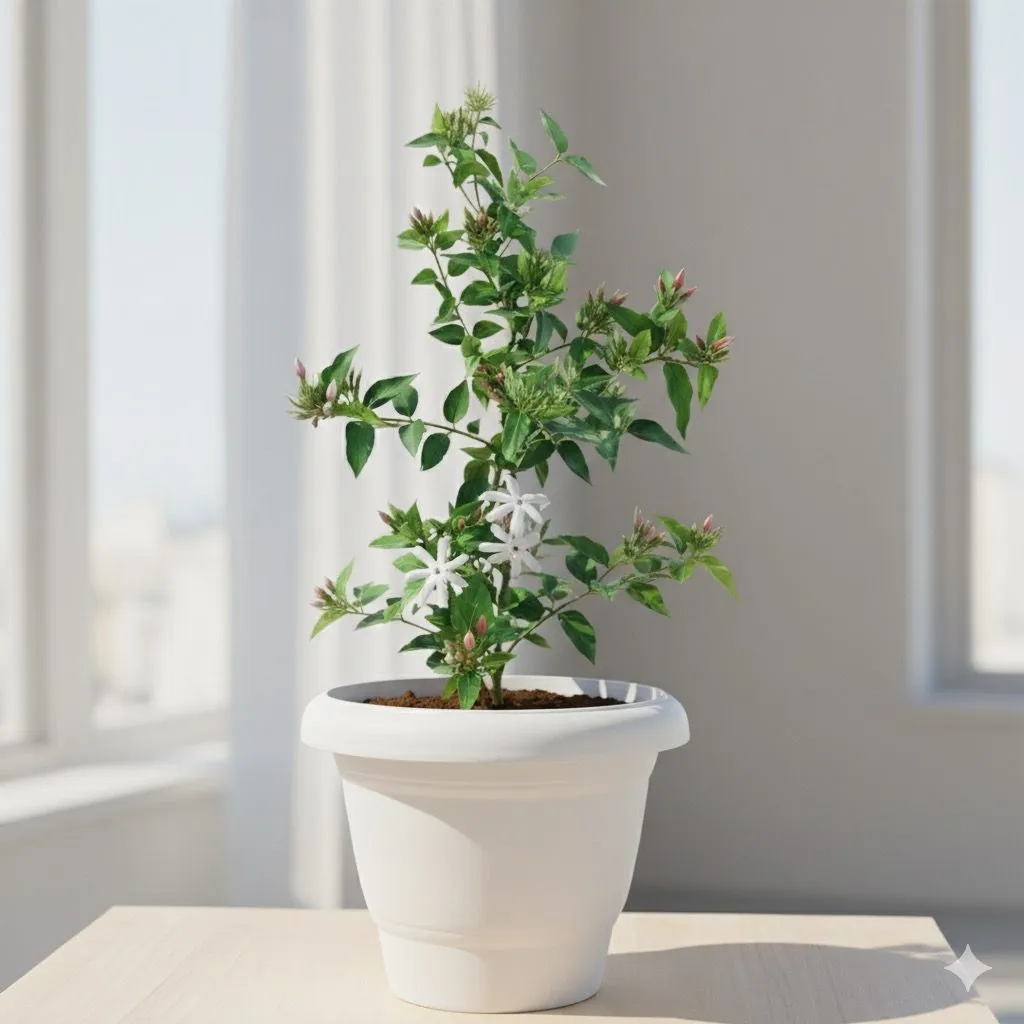 Mogra / Jasmine (any colour) in 8 Inch White Classy Plastic Pot