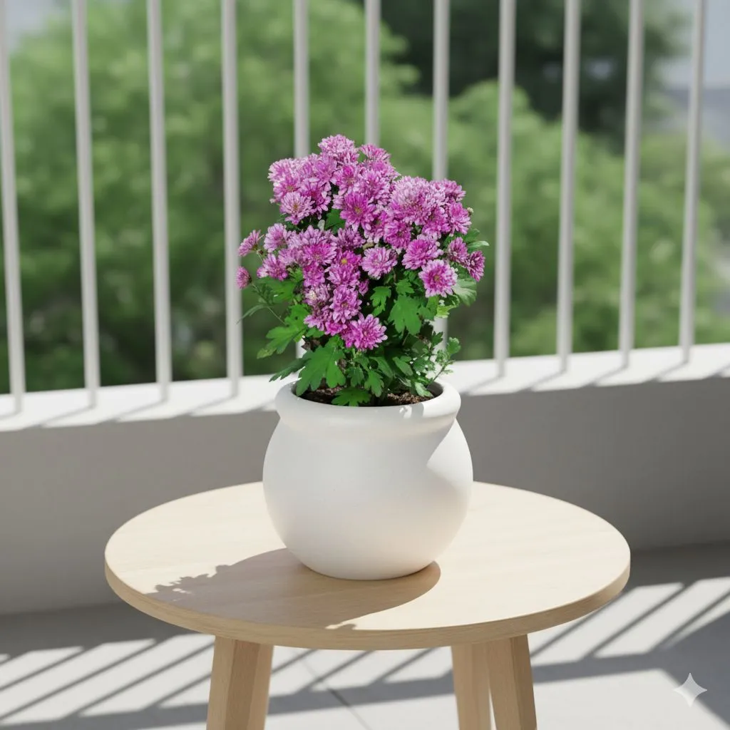 Chrysanthemum / Guldawari (any colour) in 5 Inch Classy White Matki Ceramic Pot