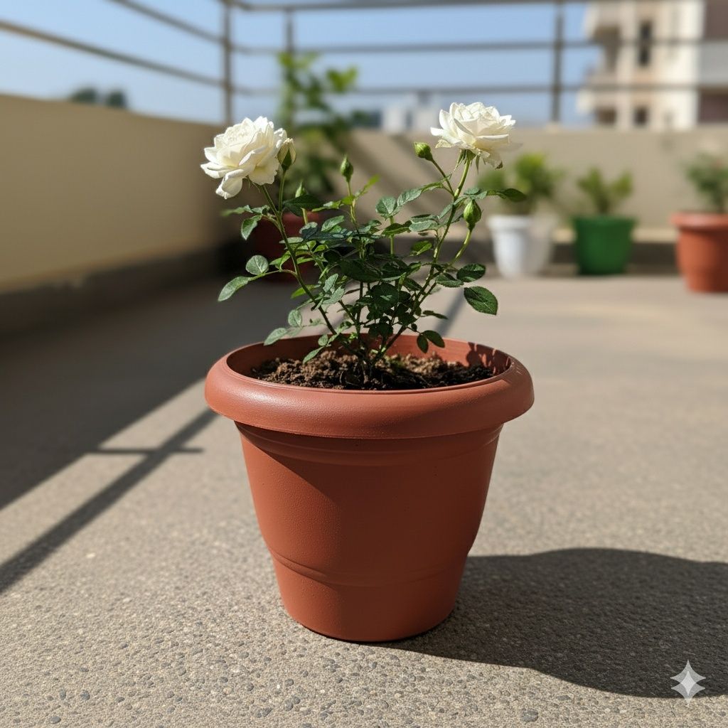 Rose White in 8 Inch Terracotta Red Classy Plastic Pot