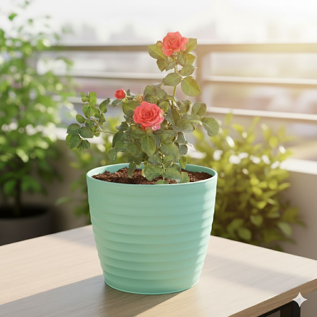 Rose Red in 5 Inch Pastel Green Avora Premium Plastic Planter