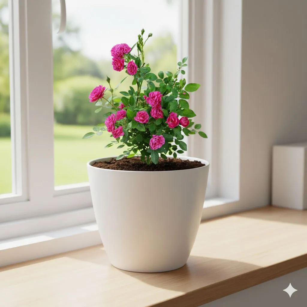 Button Rose / Gulab (any color) in 6 Inch Ceramic Pot | White Glossy Bloom Cup Ceramic Planter