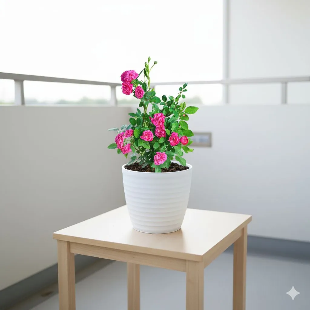 Button Rose / Gulab (any color) in 6 Inch White Avora Premium Plastic Planter