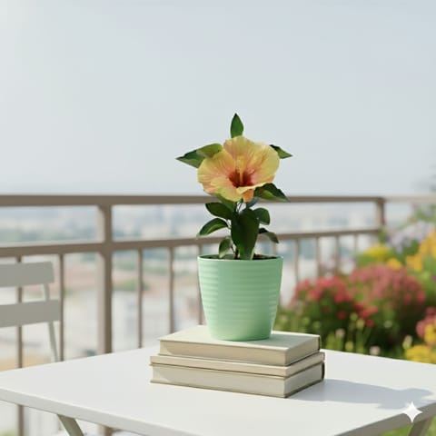 Hibiscus / Gudhal Dwarf (any colour) in 5 Inch Pastel Green Avora Premium Plastic Planter