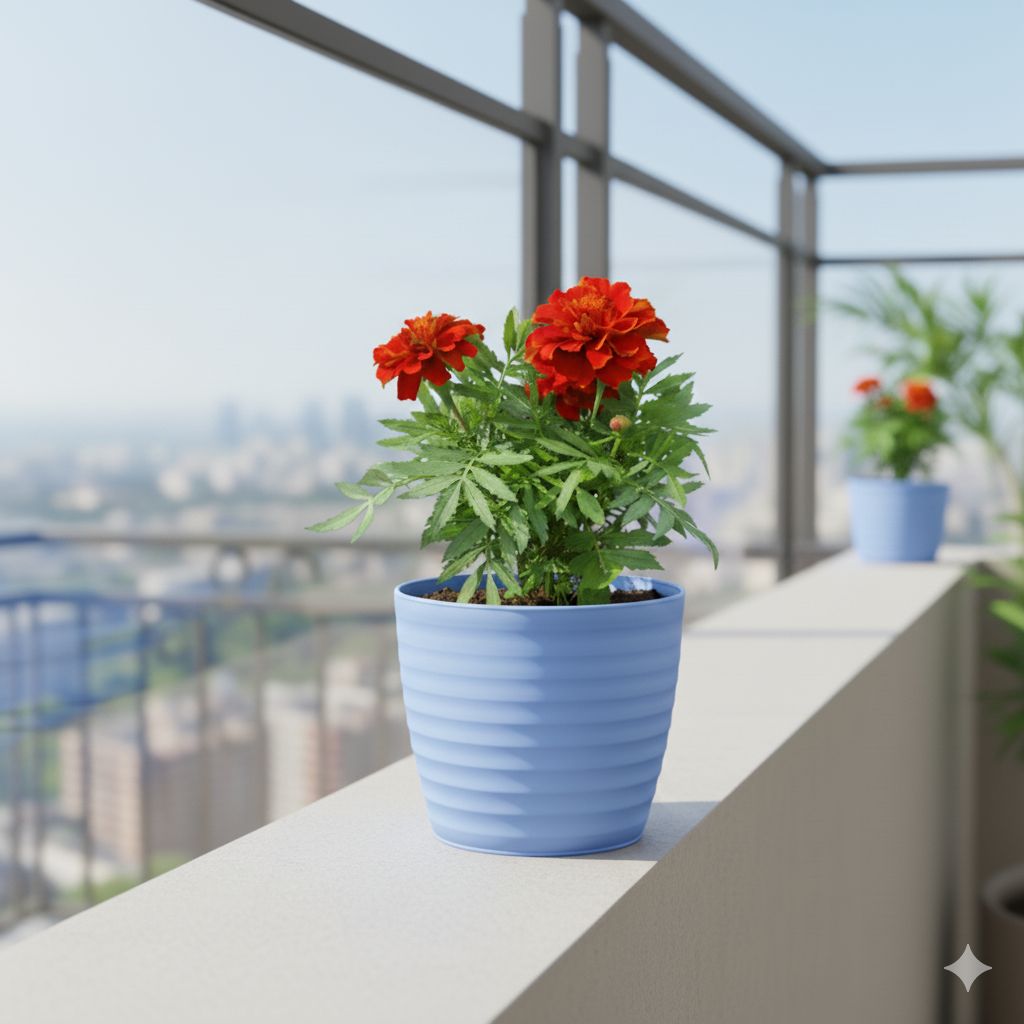 Marigold / Genda (Any Colour)  in 5 Inch Elvan Blue Avora Premium Plastic Planter