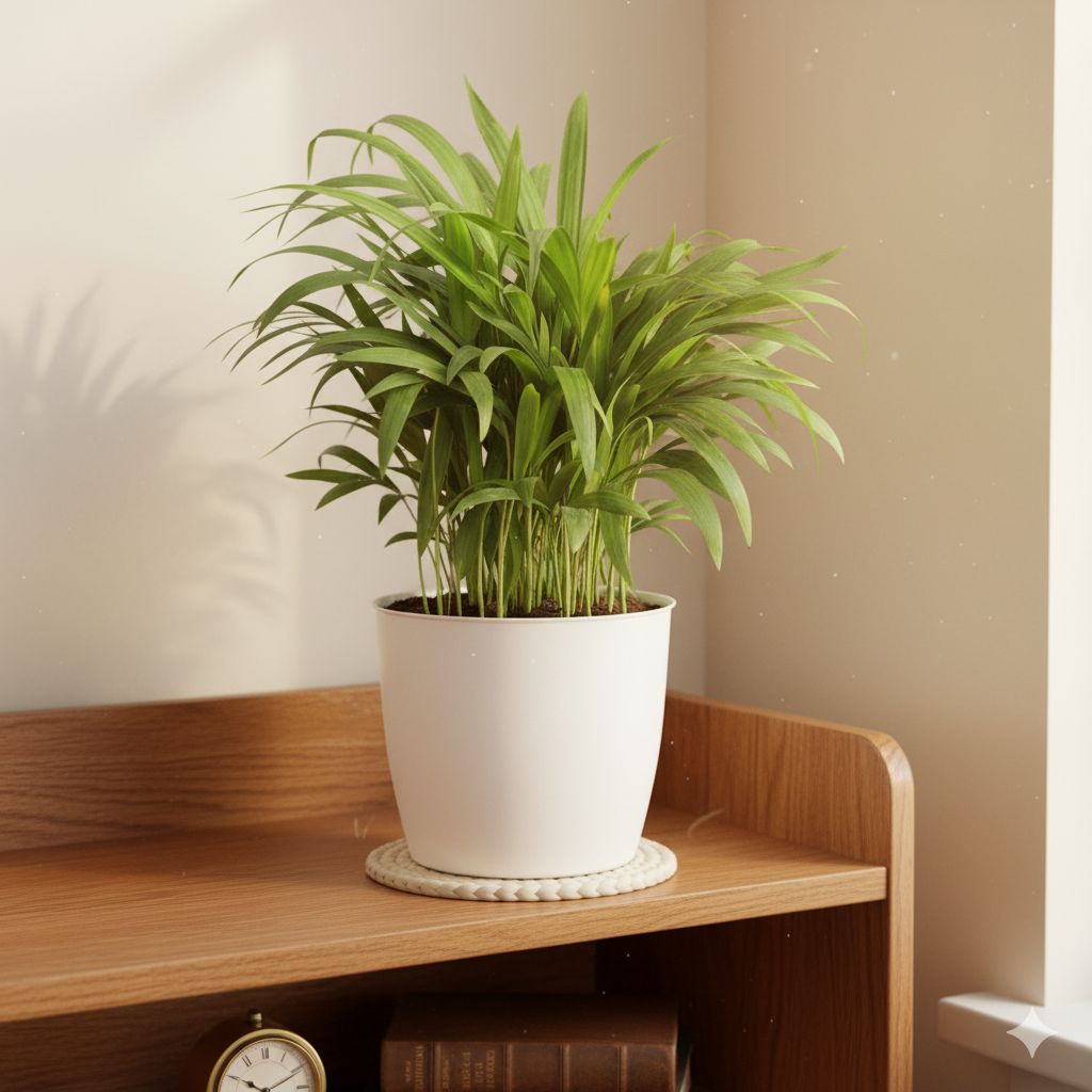 Areca Palm (~ 1 Ft)  in 6 Inch Ceramic Pot | White Glossy Bloom Cup Ceramic Planter