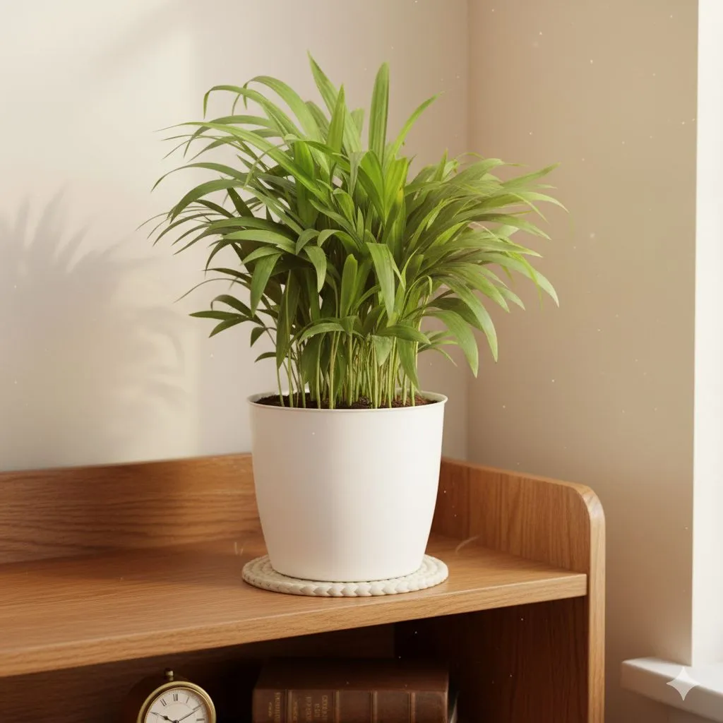 Areca Palm (~ 1 Ft) in 6 Inch Ceramic Pot | White Glossy Bloom Cup Ceramic Planter