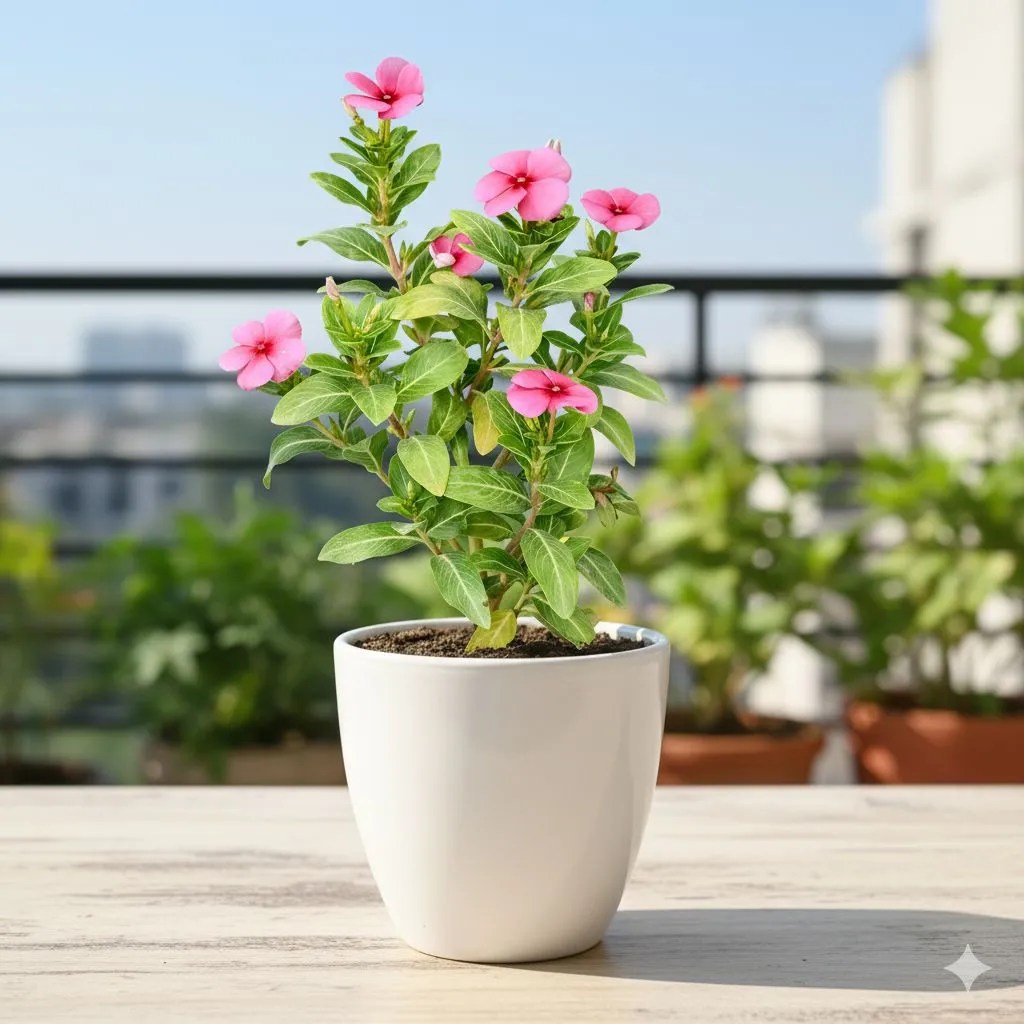 Periwinkle / Vinca / Sadabahar (Any Colour) in 6 Inch Ceramic Pot | White Glossy Bloom Cup Ceramic Planter