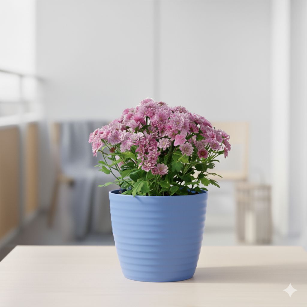 Chrysanthemum / Shevanti / Guldawari (Any Colour) in 5 Inch Elvan Blue Avora Premium Plastic Planter