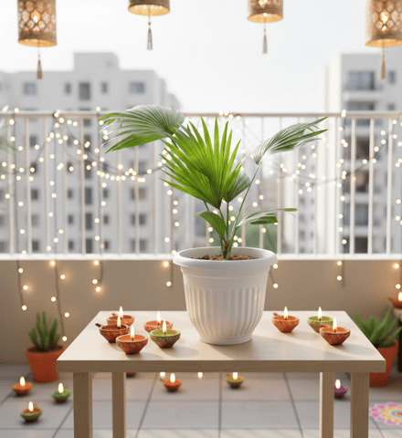 China / Fan Palm in 8 Inch White Olive Plastic Pot