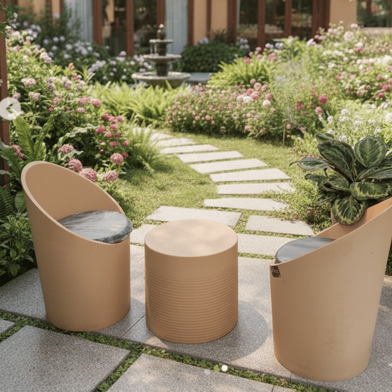 Beige Patio Furniture Set - 2 Stylish Bucket Chairs with Cushioned Seat & Round Table for Balcony or Garden - Rust-Free, Low Maintenance with 5 Years Warranty
