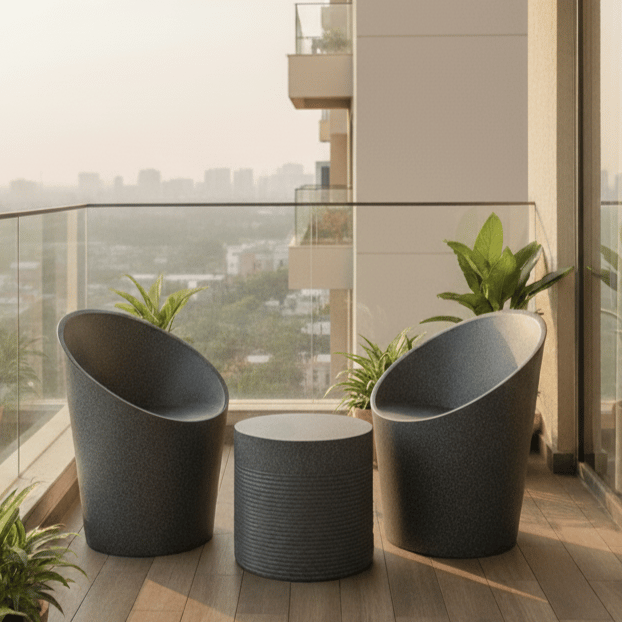 Grey Patio Furniture Set - 2 Stylish Bucket Chairs with Cushioned Seat & Round Table for Balcony or Garden - Rust-Free, Low Maintenance with 5 Years Warranty