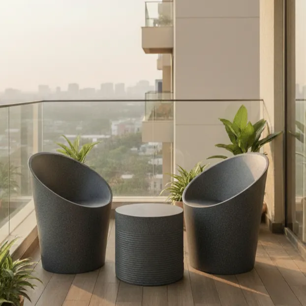 Grey Patio Furniture Set - 2 Stylish Bucket Chairs with Cushioned Seat & Round Table for Balcony or Garden - Rust-Free, Low Maintenance with 5 Years Warranty