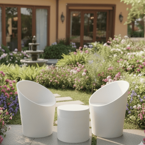 White Marble Patio Furniture Set - 2 Stylish Bucket Chairs with Cushioned Seat & Round Table for Balcony or Garden - Rust-Free, Low Maintenance with 5 Years Warranty