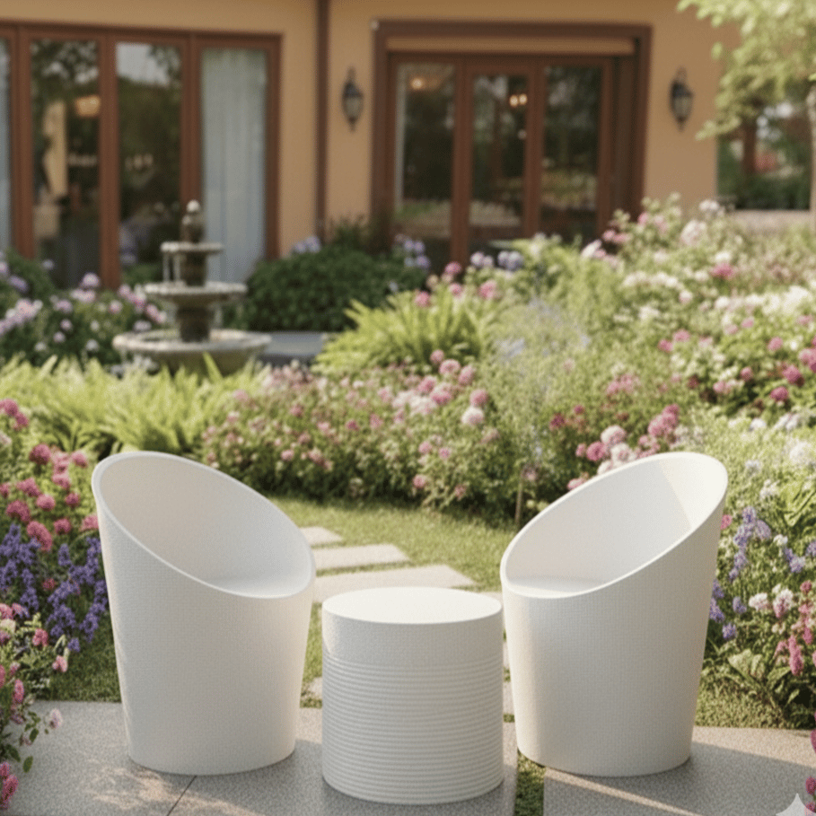 White Marble Patio Furniture Set - 2 Stylish Bucket Chairs with Cushioned Seat & Round Table for Balcony or Garden - Rust-Free, Low Maintenance with 5 Years Warranty