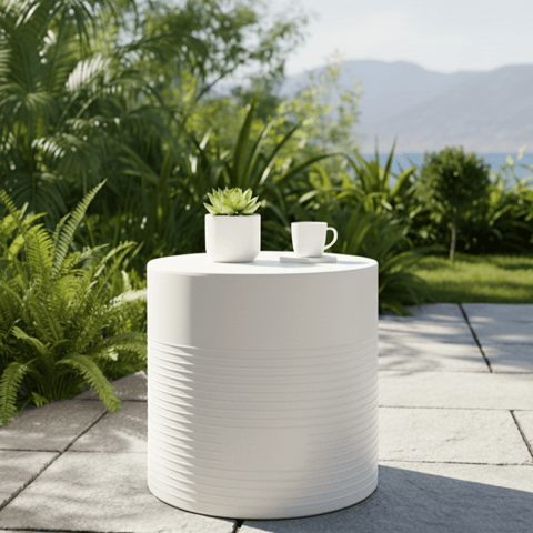 White Modern Cylindrical Side Table Sleek Textured Design for Living Room, Balcony, or Patio - Unbreakable, Rust-Free,Comfortable Accent Chair for Home or Office with 5 Yrs Warranty - 1Pcs