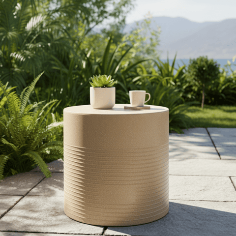 Beige Modern Cylindrical Table Sleek Textured Design for Living Room, Balcony, or Patio - Unbreakable, Rust-Free,Comfortable Accent Chair for Home or Office with 5 Yrs Warranty - 1Pcs