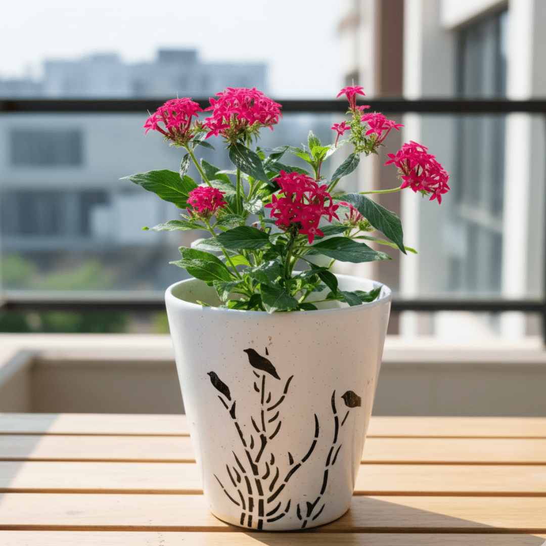 Pentas Pink in 8 Inch Glass Shaped Art Printed Handcrafted Ceramic Pot