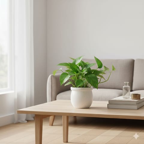 Money Plant Green in 5 Inch Classy White Matki Ceramic Pot