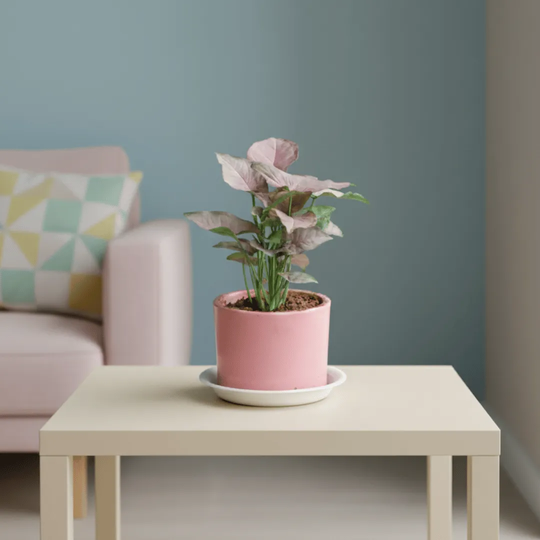 Gift Ready - Syngonium Pink in 4 Inch Classy Cylindrical Ceramic Pot with Tray (any colour) With a Chic Bag