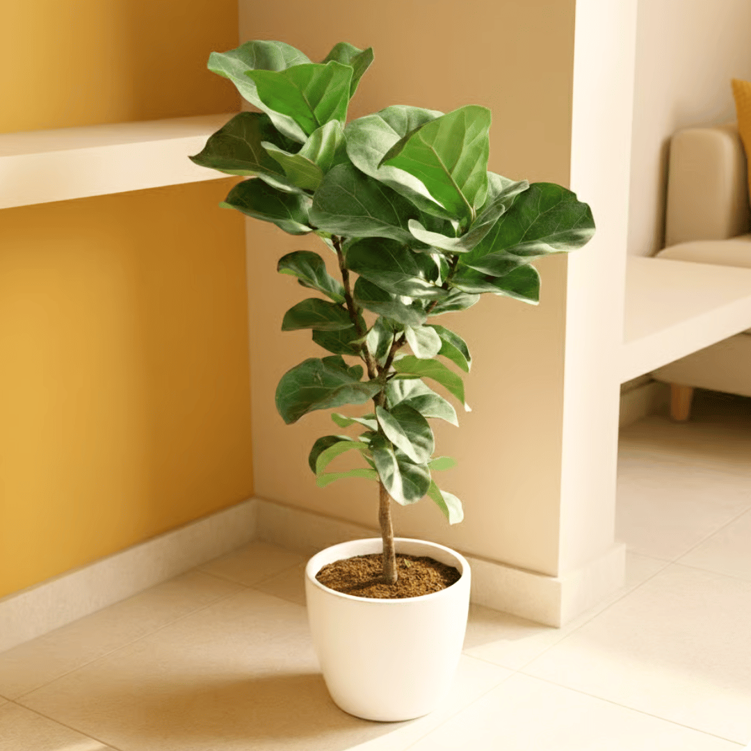 Fiddle Leaf Fig / Ficus Lyrata (~ 3 Ft) in 10 Inch White Premium Sphere Plastic Pot