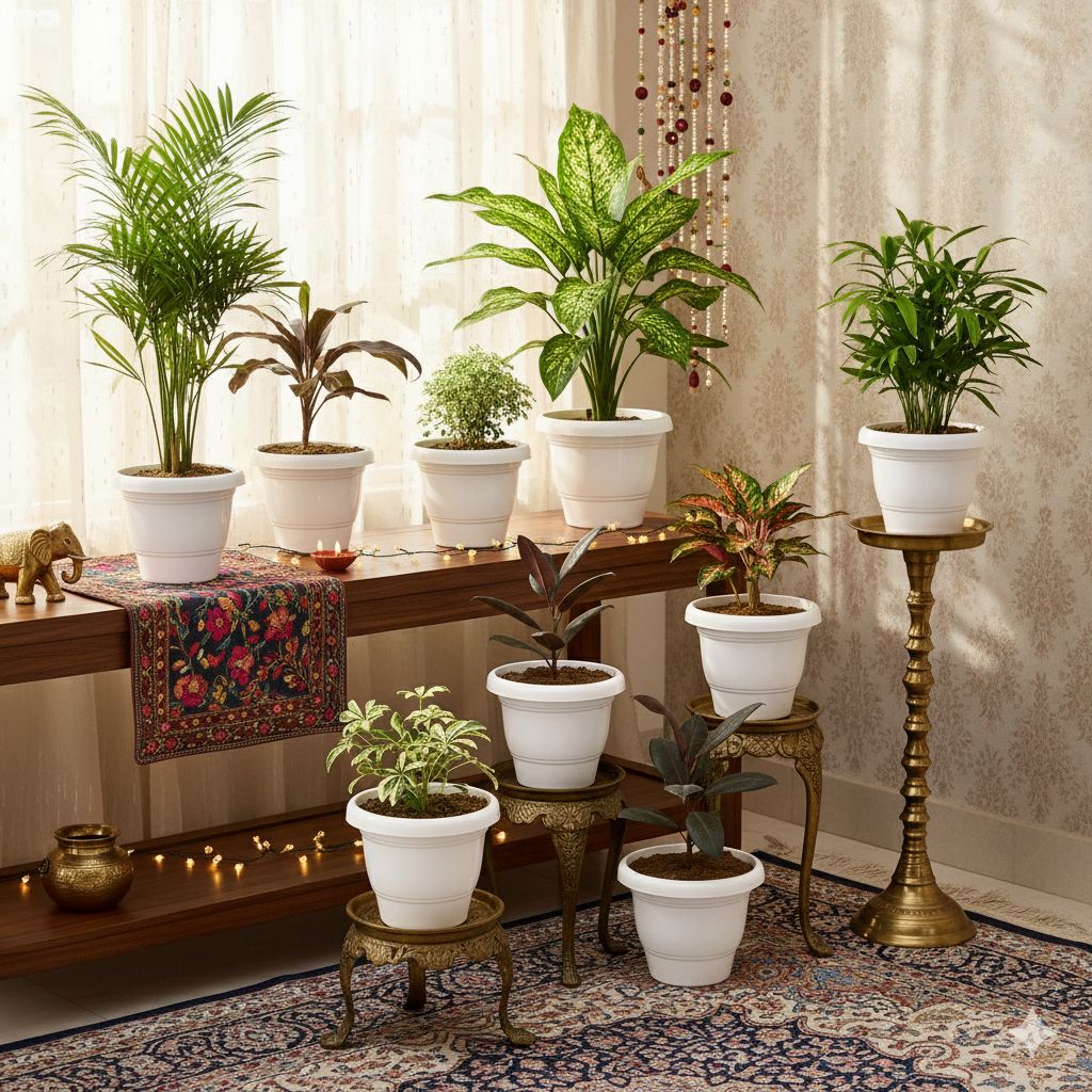 The Grandeur Plant Set - Set of 9 - Areca Palm, Dracaena, Aralia White,Dieffenbachia, Schefflera Brassia, Ruber Black, China Palm, Coleus & Rubber in 8 Inch White Classy Plastic Pot