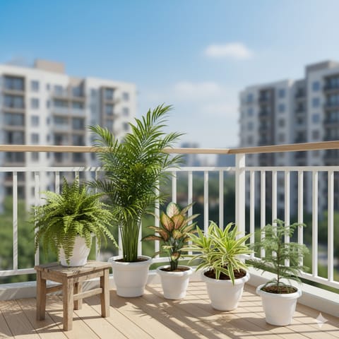 The Indoor Oasis Collection - Set of 5 - Fern Green, Areca Palm, Dieffenbachia, Song of India & Araucaria in 8 Inch Classy white Plastic Pot
