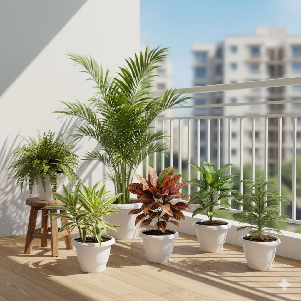 The Architectural Greenery Set
- Set of 6 - Fern Green, Areca Palm, Dieffenbachia, Croton petra, Song of India & Araucaria in 8 Inch Classy white Plastic Pot